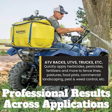 25 Gallon Platinum Spot Sprayer With Prime Pump Delivers 60 Psi For Heavy Duty Ag Work Polyethylene Tank mounted on ATV for easy herbicide application.