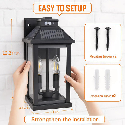 Super Bright Solar Porch Lights With Smart Motion Sensor Sconce Natch Kicks On Yard Fence And Patio For Straight Up Security And Super Fly Nighttime Glow, wall-mounted lantern with dimensions 13.2 x 6.1 inches.