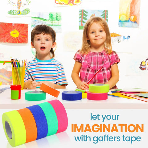10 Roll Gaffers Tape Kit 1 Inch By 20 Yards Heavy Duty Neon Fluorescent UV Blacklight Reactive Multipurpose Tape in classroom setting