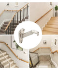 Beefy Heavy Duty Handrail Brackets For Stairs Six Pack with Zinc Alloy Construction and Satin Nickel Finish, shown in staircases