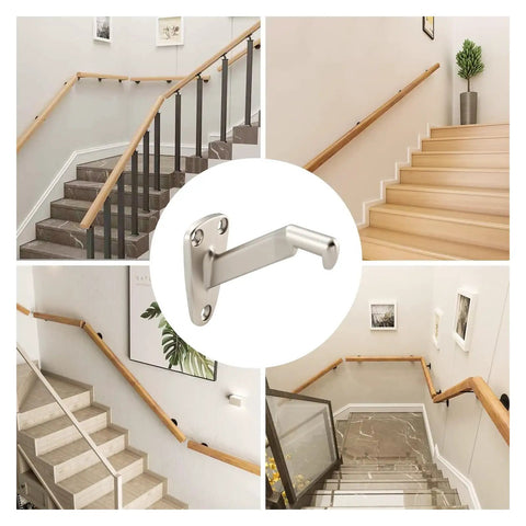 Beefy Heavy Duty Handrail Brackets For Stairs Six Pack with Zinc Alloy Construction and Satin Nickel Finish, shown in staircases