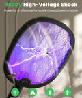 Foldable Electric Fly Swatter Racket 2 In 1 Mosquito Killer With Purple Attractant Light showing 4000V shock in action