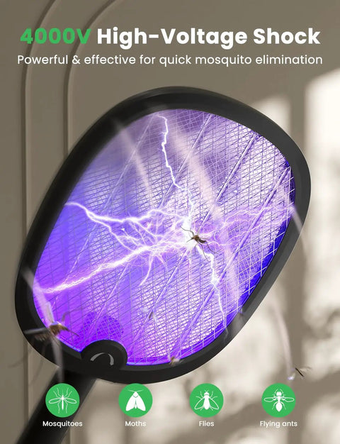 Foldable Electric Fly Swatter Racket 2 In 1 Mosquito Killer With Purple Attractant Light showing 4000V shock in action