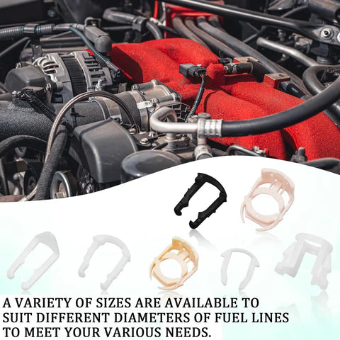70 Piece Fuel Line Clips Kit With 7 Size Variations For 3/8 And 5/16 Inch Lines, Injector Connectors, Hose Retainers shown with engine