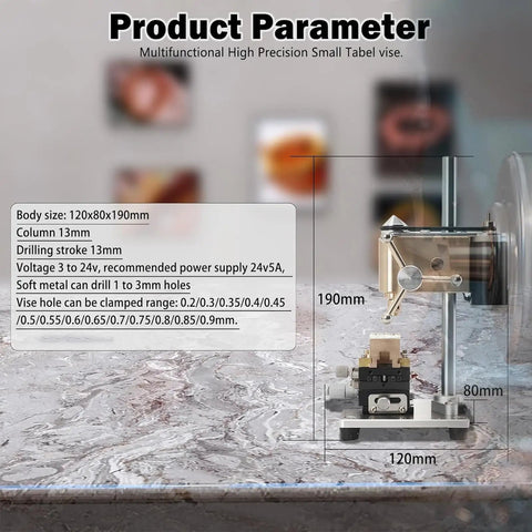 Mini Benchtop Drill Press With Variable Speed And Wide Voltage Range, compact design for drilling soft metal and wood.
