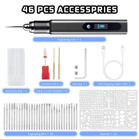 Upgraded 21000 RPM Cordless Engraving Pen Kit With Aluminum Alloy Body Rechargeable Engraver with 33 Bits and 10 Stencils