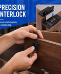 Hands installing Beefy Heavy Duty Stainless Steel Furniture Bracket Set 2 In 1 Locking Corner Connectors on wooden board