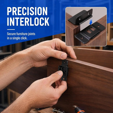 Hands installing Beefy Heavy Duty Stainless Steel Furniture Bracket Set 2 In 1 Locking Corner Connectors on wooden board