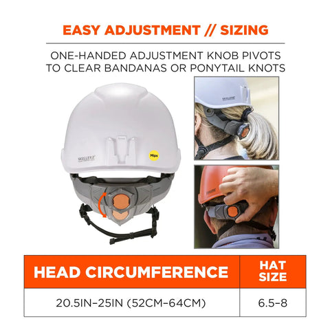 MIPS Safety Helmet With Climbing Style Worksite Ready Ventilated Hard Hat For Angled Impact Protection And EN 12492 Compliance Class C White Medium size adjustment features