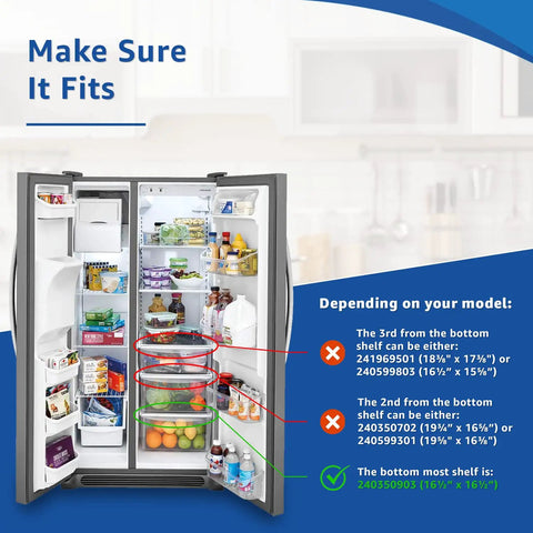 Open Frigidaire refrigerator with highlighted crisper drawer options and sizes for Bottom Crisper Pan Cover Replacement.