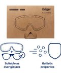 X-pect 4900 Safety Goggles With Dual Layer Lenses For Pro Grade Eye Protection Built To Last Anti Fog Anti UV ANSI Z87 1 High Velocity Impact Certified Comfortable Eyeglass Wearer Friendly Sand Color shown in packaging with over-glasses design and ballistic properties.