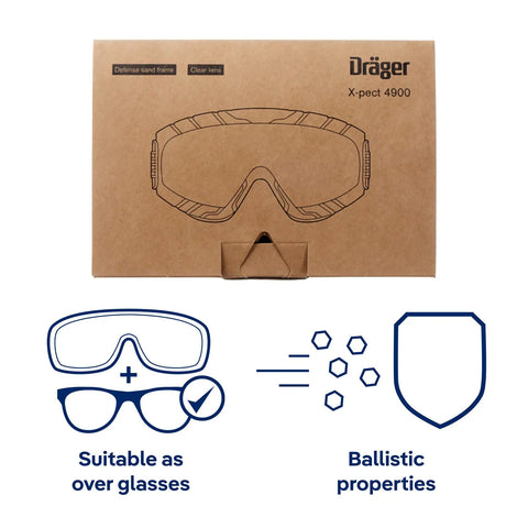 X-pect 4900 Safety Goggles With Dual Layer Lenses For Pro Grade Eye Protection Built To Last Anti Fog Anti UV ANSI Z87 1 High Velocity Impact Certified Comfortable Eyeglass Wearer Friendly Sand Color shown in packaging with over-glasses design and ballistic properties.