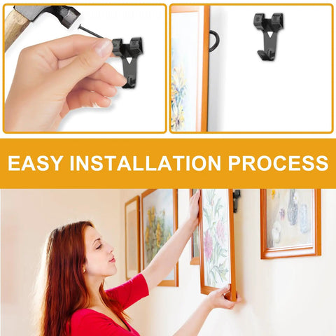 Top Notch 385 Piece Picture Hanging Kit For Walls With Heavy Duty Hooks Sawtooth Nails And Hanging Tool Organized Box Storage For Frames Art Photo Display Easy Setup And Secure Mounting Black shown in use for easy installation.