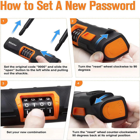 Instructional steps for setting a new password on Heavy Duty Bike U Lock With 4 Digit Resettable Combo, Keyless Anti Theft Security.