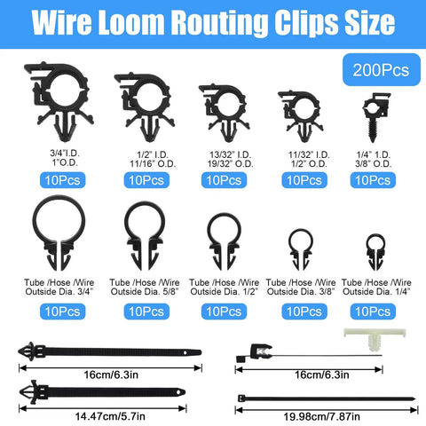 Dope Car Wire Clip Kit Pack Of 200 Universal Harness Clips And Cable Ties, size chart of 15 clip varieties with dimensions