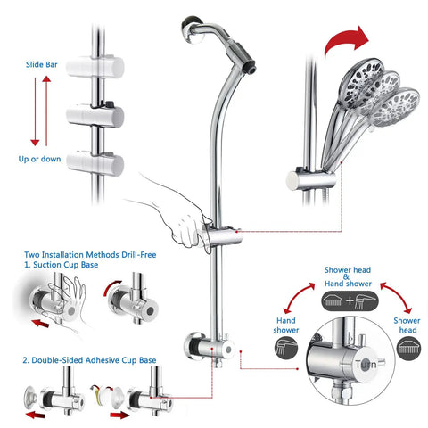 8 Inch Rainfall Shower Head With High Pressure Handheld Spray, Drill Free Slide Bar, Adjustable Extension Arm, Chrome, 5Ft Hose