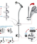 Diagram showing Rainfall 8 Inch Round Shower Head With High Pressure Handheld Spray Combo Drill Free Slide Bar Adjustable Arm
