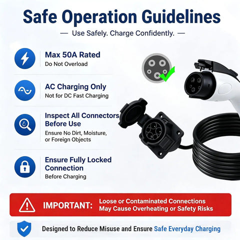 Hella Reliable Heavy Duty EV Charger Extension Cable 17 Foot 50 Amp J1772 Cord For AC Home Charging SAE Certified charging safety guidelines