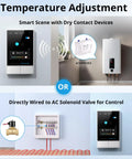 Diagram showing NSPanel Smart Wall Switch With Touchscreen, Two Channel WiFi Scene Controller for temperature adjustment options.