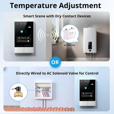 Diagram showing NSPanel Smart Wall Switch With Touchscreen, Two Channel WiFi Scene Controller for temperature adjustment options.