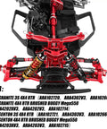 Granite And Senton 1/10 3S 4x4 RC Upgrade Parts Kit shown with red shocks, arms, and hubs installed on chassis front view.