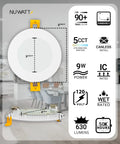 Diagram showing 12 Pack 4 Inch Ultra Thin LED Recessed Lighting Kit With 5 CCTs Selectable 2700K 3000K 3500K 4000K 5000K Dimmable 9W 630LM IC Rated Canless Slim Panel With Junction Box White Trim ETL featuring dimensions and features.