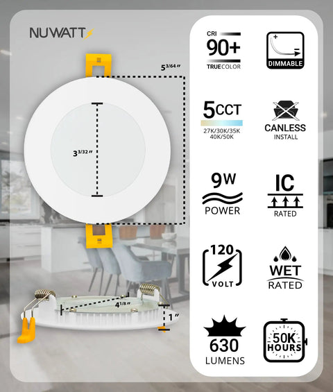 Diagram showing 12 Pack 4 Inch Ultra Thin LED Recessed Lighting Kit With 5 CCTs Selectable 2700K 3000K 3500K 4000K 5000K Dimmable 9W 630LM IC Rated Canless Slim Panel With Junction Box White Trim ETL featuring dimensions and features.