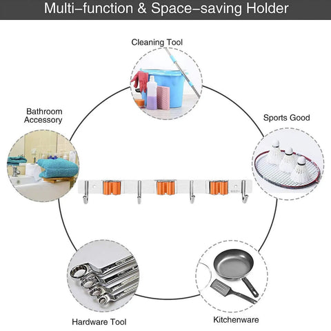 Orange Stainless Steel Broom Mop Holder Wall Mount Organizer with 3 Heavy Duty Racks and 4 Hooks, multi-function illustration.