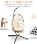 Hanging Egg Chair With Stand And Footrest For Indoor Outdoor Use, Chill Wicker Swing Chair With Aluminum Steel Frame And UV Resistant Cushion, Patio Lounge Hammock Chair, Supports Up To 370 Lbs, Beige.