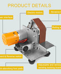 Compact Electric Mini Belt Sander Featuring Slick 7 Speed Controls And Hella Precise Angle Adjustments For Wood Metal Projects Plus Complete Polishing Sanding Kits To Nail Any Shop Task With Badass Stability And Top Shelf Finish Quality, showing electric motor and abrasive belt details.