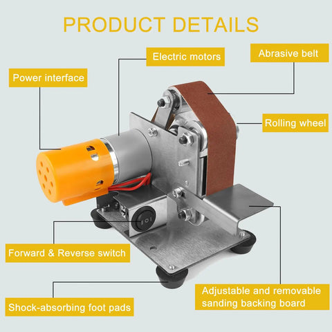 Compact Electric Mini Belt Sander Featuring Slick 7 Speed Controls And Hella Precise Angle Adjustments For Wood Metal Projects Plus Complete Polishing Sanding Kits To Nail Any Shop Task With Badass Stability And Top Shelf Finish Quality, showing electric motor and abrasive belt details.