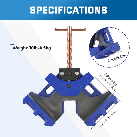 Cast Iron Welders Angle Clamp Pack specifications with two axis right angle jig, showing 4.1 inch width, 2 inch height.