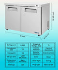 Hella Solid Heavy Duty Sixty Inch Two Door Undercounter Refrigerator In Silver For Commercial Kitchens Featuring Straight Shooter Cooling With Smooth Liftgate Freight Delivery, 61 Inch size.