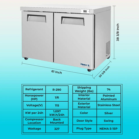 Hella Solid Heavy Duty Sixty Inch Two Door Undercounter Refrigerator In Silver For Commercial Kitchens Featuring Straight Shooter Cooling With Smooth Liftgate Freight Delivery, 61 Inch size.