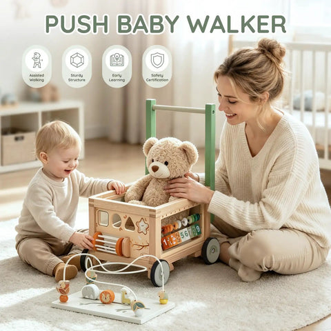 Rock Solid Wooden Baby Walker With Interactive Activity Cube Built Tough For Toddler First Steps with child and parent.
