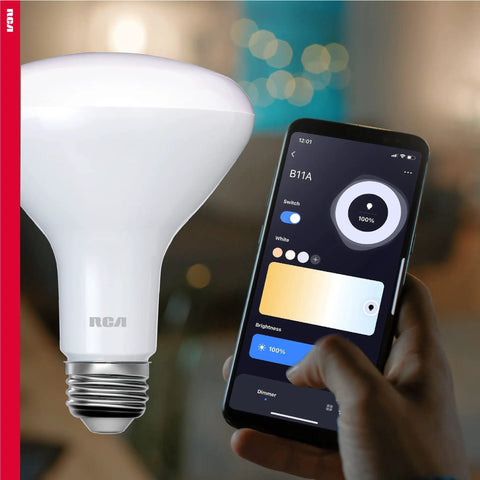 Dimmable WiFi Smart LED BR30 Flood Bulb next to smartphone app for brightness control, featuring E26 base for indoor use.