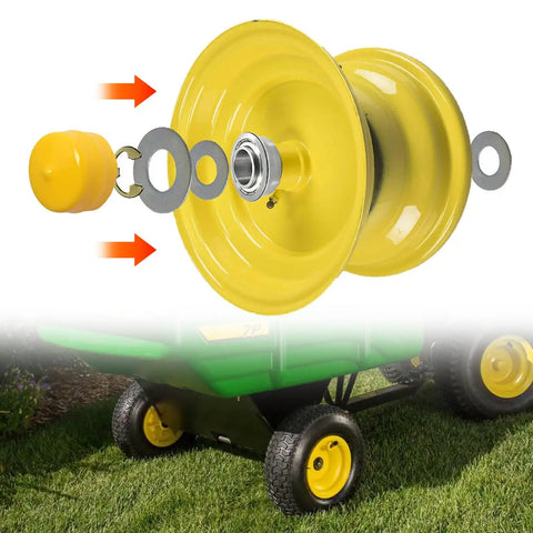 Wheel assembly showing 4 Pack Front Wheel Bushing To Bearing Conversion Kit 9040H For Lawn Mowers Compatible With John Deere.