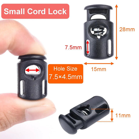 20 Pack Plastic Spring Cord Locks Toggle Stoppers For Paracord Drawstrings And Elastic Laces, close-up view showing dimensions