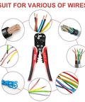 Image of Self Adjusting Wire Stripper Tool For AWG Ten To Twenty Four Strips Cuts And Crimps Copper And Aluminum Wires 8 Inch Automatic 3 In One Pliers with various wires around it.