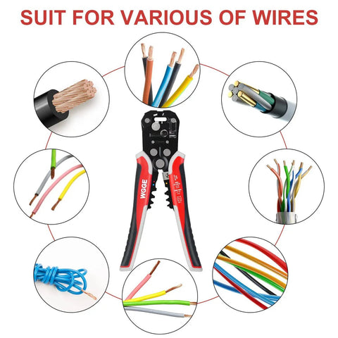 Image of Self Adjusting Wire Stripper Tool For AWG Ten To Twenty Four Strips Cuts And Crimps Copper And Aluminum Wires 8 Inch Automatic 3 In One Pliers with various wires around it.