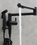 Brass Kitchen Faucet With Side Sprayer And Wall Mount Pot Filler, 360 Degree Rotating Double Joint Swing Arm, Single Handle Black Finish