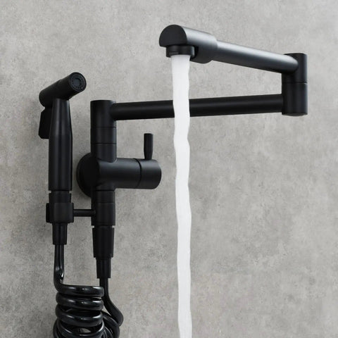 Brass Kitchen Faucet With Side Sprayer And Wall Mount Pot Filler, 360 Degree Rotating Double Joint Swing Arm, Single Handle Black Finish
