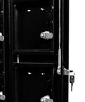 Close-up of locks and keyed compartments on the Real Tough Twenty Four Door Cell Phone And Tablet Locker Cabinet.