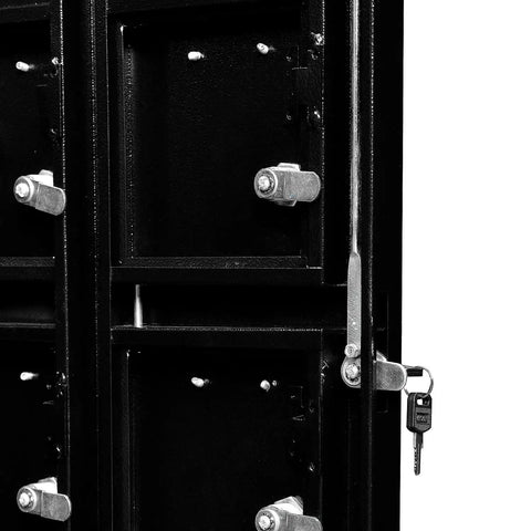 Close-up of locks and keyed compartments on the Real Tough Twenty Four Door Cell Phone And Tablet Locker Cabinet.
