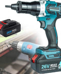 Cool Cordless Rivet Nut Gun With Huge 5200mA Battery For M3 To M12 Metric Fasteners. Wire Free And Portable Power Wrench Tool For Steel Aluminum And Stainless Steel Projects That Hit You Just Right. 26V cordless rivet nut gun with battery, side view