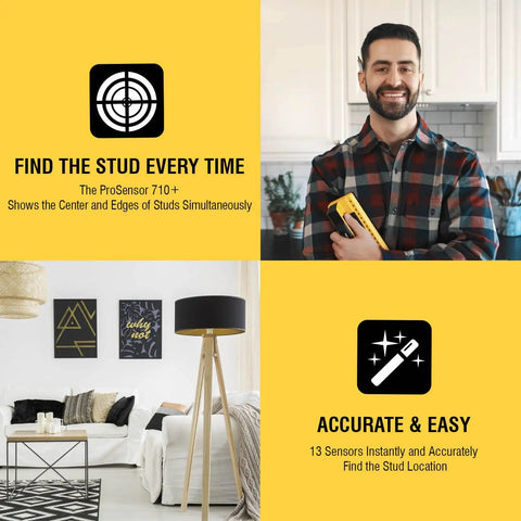 Pro Grade Stud Finder With 13 Patented Sensors, 1.6 Inch Deep Scan, Full Width LED Display Shows Stud Center And Edges, Yellow Handheld Wall Locator For Fast Accurate Drywall Stud Detection, Perfect For DIY Projects held by a person in a home setting with a living room in the background.