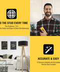 Man holding ProSensor 710 Plus Stud Finder with 13 Sensors, wall scanner feature displayed, in a modern home setting.
