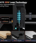 RAY5 20W Laser Engraver highlighting upgraded laser power and precision cutting for pine, acrylic, and stainless steel materials.