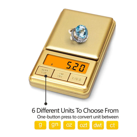 Mini Pocket Scale 100g 0.01g Digital Gram Scale With Cover Small Travel Ounce Scale displaying 5.20 with a ring on tray