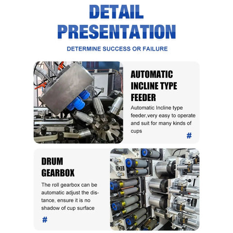 Automatic incline feeder and drum gearbox in multi color plastic cup printer for cylindrical drinkware, graphic decoration machine.